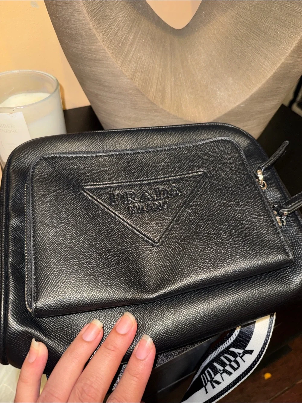 Prada Black Leather Messenger with Black & White Branded Strap